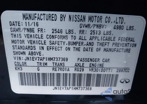 2017 Infiniti Q50 3.0T Premium from USA, damaged, VIN JN1EV7AP1HM737369